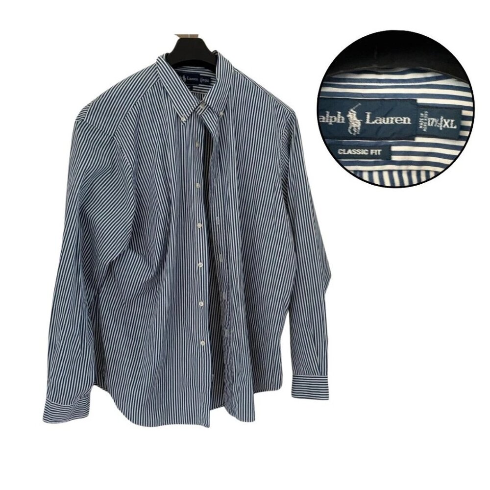 Ralph Lauren Men’s XL Classic Fit Dress Shirt Blue White Stripe Button Up
